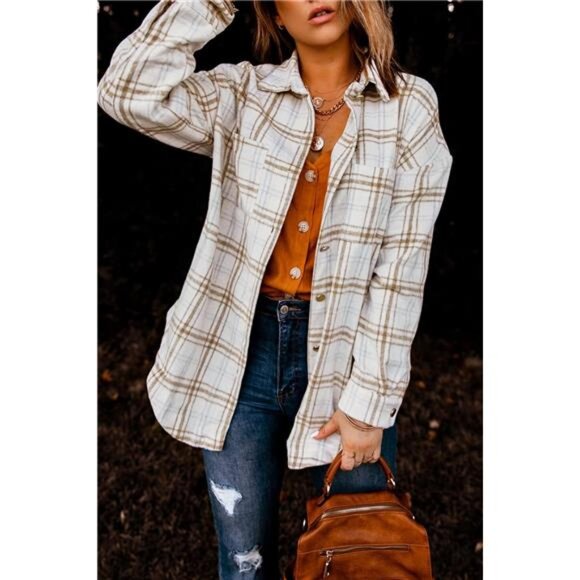 New Women's Fall Plaid Shacket Jacket Long Sleeve Button Down Flannel Shirts - Picture 5 of 7